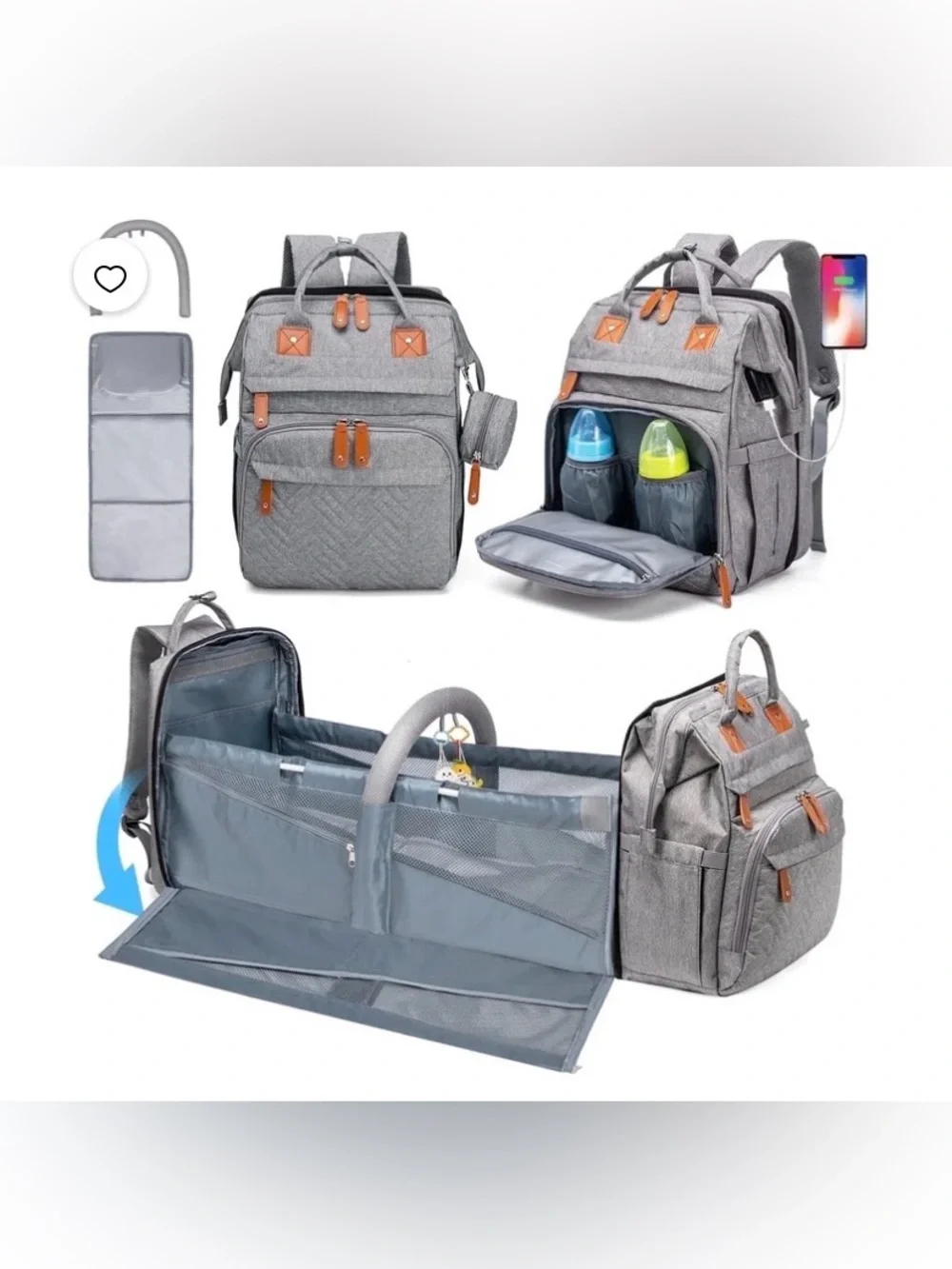 Derjunstar Gray Quilted Baby Backpack Diaper Bag with Accessories Portable